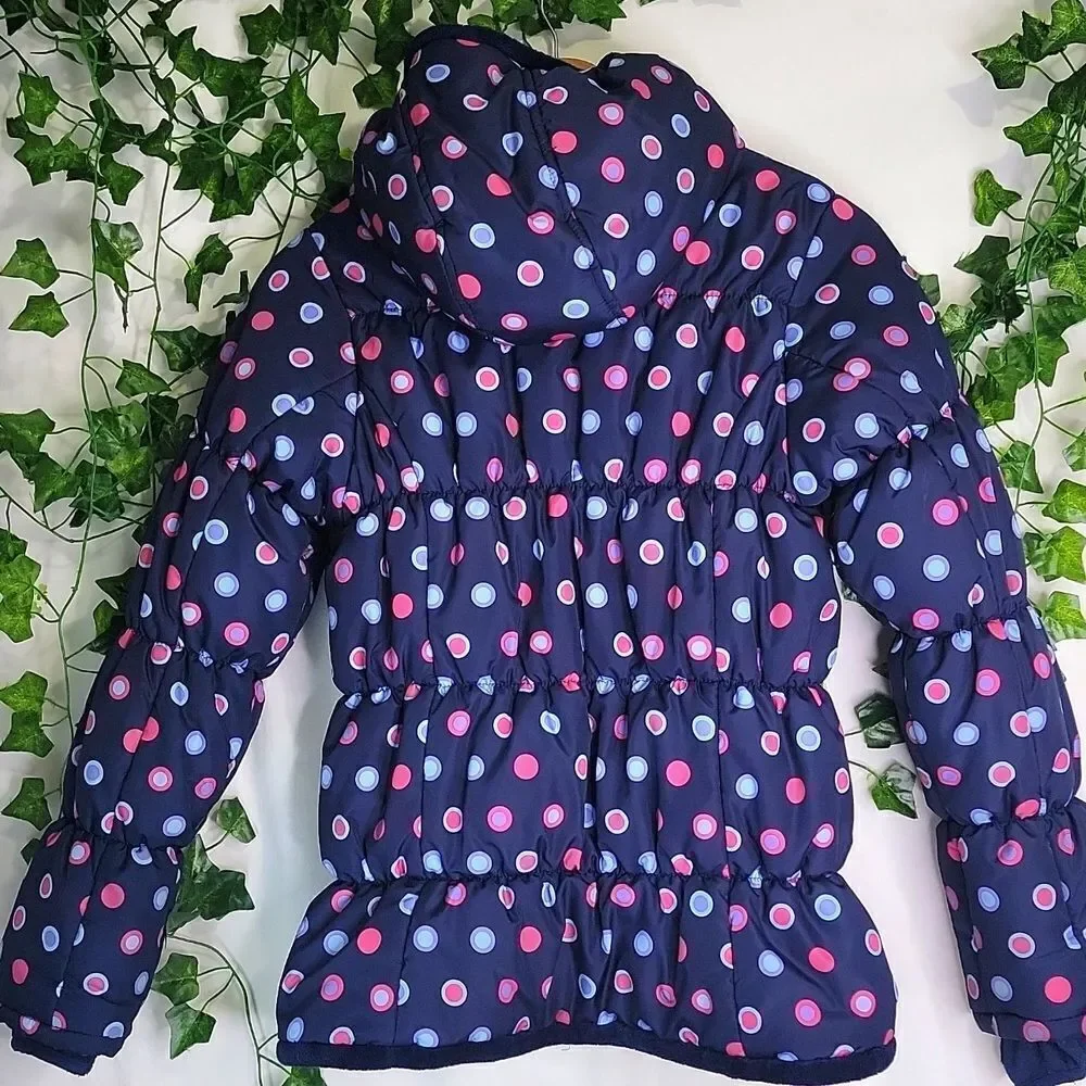 Lands'End. Blue Polka Dot Puffer Coat. Size 14. EUC